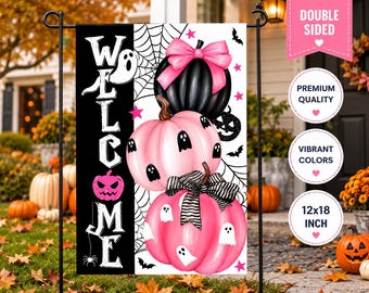 May include: A vertical garden flag featuring the word WELCOME in white letters on a black background. The design includes three stacked pumpkins in black and shades of pink, decorated with ghost illustrations, a pink bow, and a black-and-white striped bow, set against a white background with spiderwebs, bats, and pink stars.