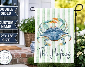 Personalized Coastal Crab Garden Flag Beach House Decor Custom Name Flag Nautical Porch Decor Vacation Home Flag Coastal Gift