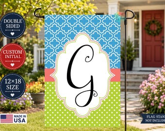 Personalized Monogram Garden Flag, Custom Initial Outdoor Flag, Blue Green Yard Flag, Front Porch Decor, Realtor Gift  , Double Sided 12x18