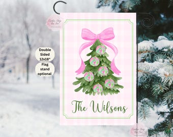 Christmas Tree Flag with Pink Bow ,Christmas Garden Flag , Holiday Party Flag , Custom Patio Flag , Preppy Christmas, Personalized Gifts,