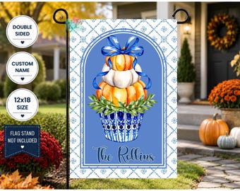 Personalized Blue Chinoiserie Pumpkin Garden Flag, Fall Welcome Flag, Custom Name Flag, Blue Topiary Pumpkin Porch Decor, Autumn Yard Flag