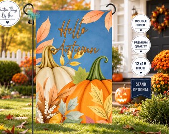 Personalized Fall Pumpkin Garden Flag, Hello Autumn, Custom Name Autumn Flag, Blue Background Pumpkin Porch Decor, Double Sided 12x18