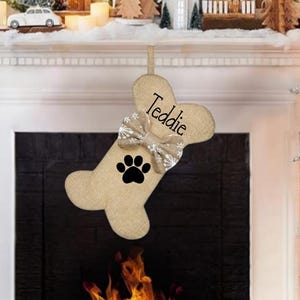 Dog Bone Stocking, Dog Christmas Stocking, Faux Burlap Cat Stocking ,Personalized Dog Stocking ,Custom Pet Stocking, 15x8 Inch Dog Stocking