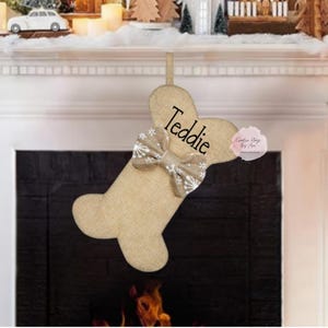 Dog Bone Stocking, Dog Christmas Stocking, Faux Burlap Stocking ,Personalized Dog Stocking ,Custom Pet Stocking, 15x8 Inch Dog Stocking image 3