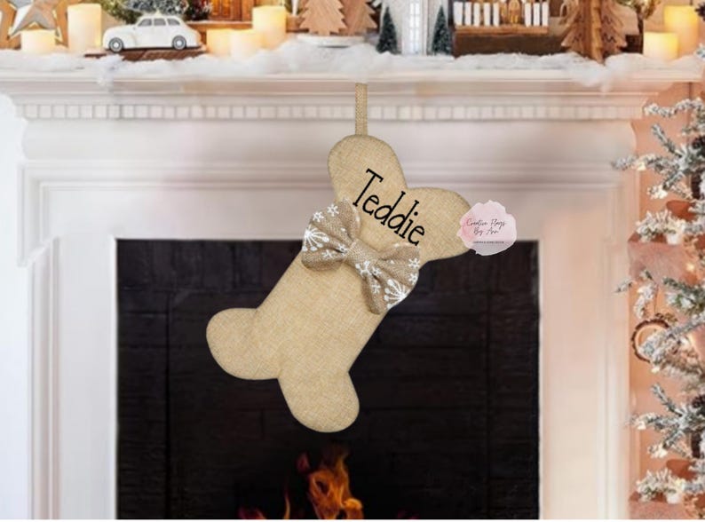 Dog Bone Stocking, Dog Christmas Stocking, Faux Burlap Stocking ,Personalized Dog Stocking ,Custom Pet Stocking, 15x8 Inch Dog Stocking image 3
