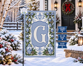 Personalized Chinoiserie Christmas Garden Flag, Blue and White Monogram Flag, Custom Initial Winter Garden Flag, Christmas Yard Decor