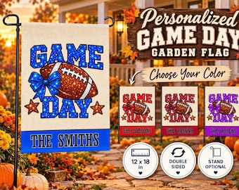 Personalized Football Garden Flag, Game Day Flag with Family Name, Glitter Look Football and Bow, 12x18 Double Sided Fall Yard Flag
