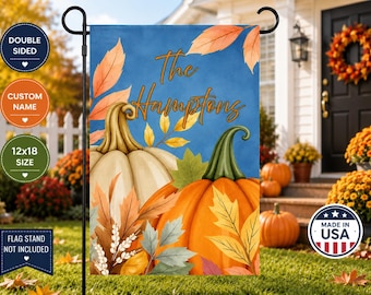 Personalized Fall Pumpkin Garden Flag, Custom Family Name Autumn Flag, Blue Background Pumpkin Porch Decor, Double Sided 12x18 Outdoor Flag