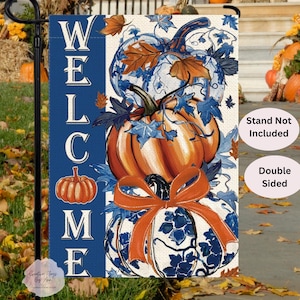 Blue and White Chinoiserie Fall Garden Flag ,Pumpkin Flag, Fall Welcome Flag, Autumn Flag, Outdoor Harvest Decor, Stacked Pumpkin Flag