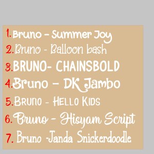 May include: A beige background with a list of 7 font names, each with a number and the name of the font. The font names are: Summer Joy, Balloon bash, CHAINSBOLD, DK Jambo, HELLO KIDS, Hisyam Script, and Janda Snickerdoodle.