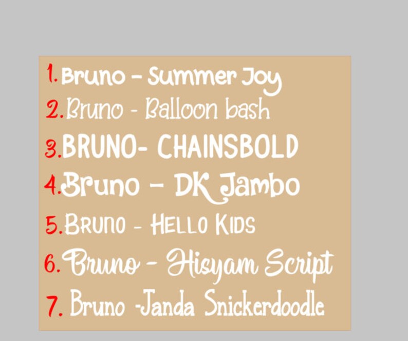 May include: A beige background with a list of 7 font names, each with a number and the name of the font. The font names are: Summer Joy, Balloon bash, CHAINSBOLD, DK Jambo, HELLO KIDS, Hisyam Script, and Janda Snickerdoodle.