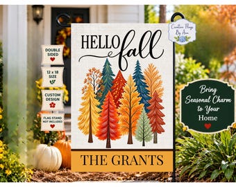 Personalized Fall Garden Flag, Hello Fall Garden Flag, Custom Family Name Flag, Autumn Trees Yard Decor, 12x18 Double Sided Flag, Harvest