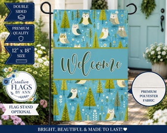 Owl Welcome Garden Flag | Woodland Bird Yard Decor | Blue 12x18 Double Sided Garden Flag | Whimsical Porch Decor