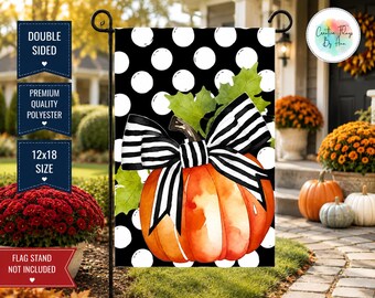 Fall Pumpkin Garden Flag, Black & White Polka Dot Autumn Yard Flag, Watercolor Pumpkin Bow Outdoor Decor