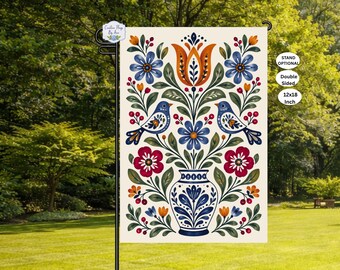 Nordic Folk Art Garden Flag, Scandinavian Bird Floral Flag, Blue Red Folk Art Decor, Swedish Inspired 12x18 Garden Flag