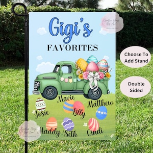 May include: A green vintage truck with a bed full of colorful Easter eggs and flowers. The truck is surrounded by smaller eggs with names written on them: Josie, Macie, Lilly, Matthew, Maddy, Seth, and Cindi. The text "Gigi's Favorites" is at the top of the image.