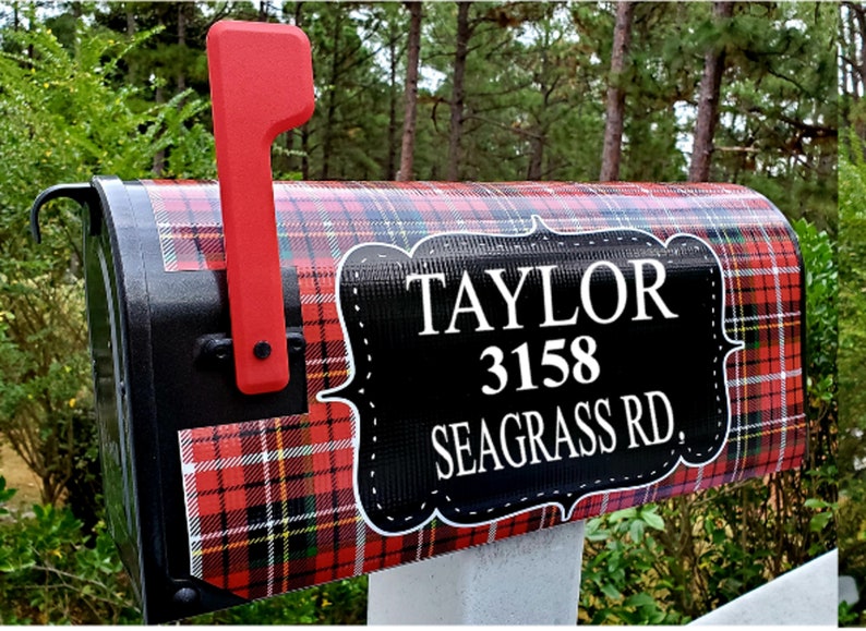 Mailbox Cover, Christmas Mailbox Cover, Plaid Mailbox Wrap, Personalized Name & Address Numbers, Vinyl Mailbox Wrap, Magnetic Mailbox Cover image 1