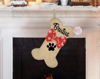 Dog Bone Christmas Stocking, Dog Christmas Stocking, Faux Burlap Personalized Dog Stocking ,Custom Pet Stocking, 15x8 Inch Dog Stocking