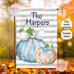 Preppy Pumpkin Flag ,Personalized Fall Flag, Blue Pumpkin Flag, Thanksgiving, Blue Pumpkin with Bow, Chinoiserie Decor ,Pumpkin Garden Flag