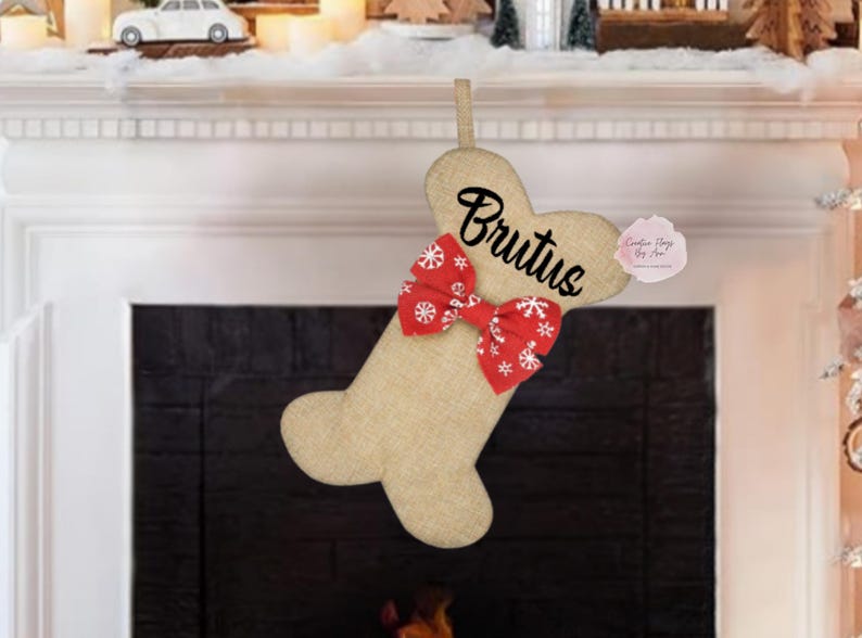 Dog Bone Stocking, Dog Christmas Stocking, Faux Burlap Stocking ,Personalized Dog Stocking ,Custom Pet Stocking, 15x8 Inch Dog Stocking image 2