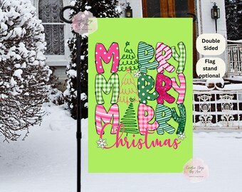 Merry Christmas Flag , Pink/Green Christmas,  Merry Christmas Banner,  Preppy Christmas , Christmas Porch ,XMAS Garden Gift