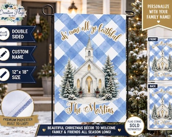 Personalized Christmas Church Garden Flag, Winter Church Scene Flag, Custom Name Flag, Blue Buffalo Plaid Christmas Decor, Double Sided