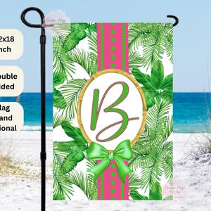 Preppy Tropical Initial Garden Flag , Custom Palm Tree Yard Banner , Summer Outdoor Home Decor ,Palm Leaf Flag, Yard Art ,Beach House Flag