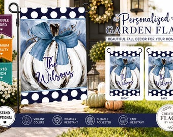 Personalized White Pumpkin Garden Flag, Blue Bow Fall Yard Flag, Custom Family Name, Double Sided Autumn Porch, Fall Coquette Bow