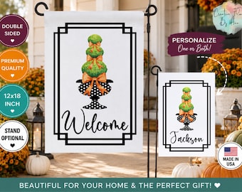 Personalized Fall Topiary Garden Flag | Custom Family Name or Welcome | Autumn Front Porch Decor | Black & White Urn Flag