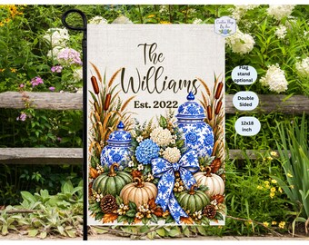 Personalized Fall Garden Flag, Chinoiserie Pumpkin Flag, Blue and White Ginger Jar Decor, Custom Family Name Flag, Autumn Yard Decor