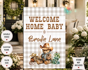 Baby Boy Bear Garden Flag, Custom Cowboy Bear Flag, Western Theme Flag,  Rustic Outdoor,  Personalized Baby Flag, Baby Nursery, Baby Shower