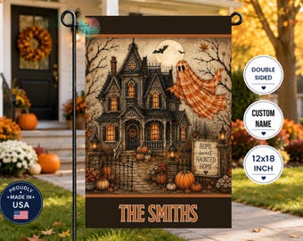 Personalized Haunted House Garden Flag, Halloween Ghost Flag, Custom Name Fall Yard Flag, Spooky Cottage Outdoor Decor, Double Sided 12x18