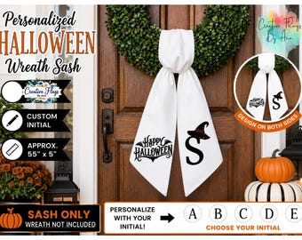 Personalized Halloween Wreath Sash, Monogram Witch Hat Sash, Happy Halloween Wreath Bow, Custom Initial Fall Door Decor ,56x5 Inch Sash