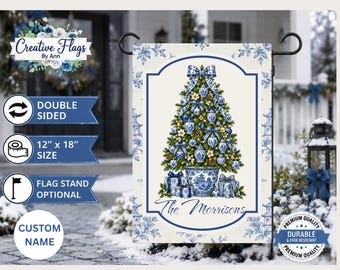Personalized Chinoiserie Christmas Garden Flag, Blue White Christmas Tree Flag, Custom Family Name Holiday Yard Decor, 12x18