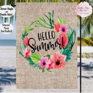 Summer Flags, Hello Summer Wreath Garden Flag , Welcome Flag ,Beach, Pool Flags , Summer Yard Decor, Tropical , Coastal Decor, Personalized