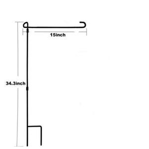 May include: Black metal garden flag stand. The stand is 34.3 inches tall and 15 inches wide. The stand has a hook at the top for hanging a flag and a step-in base for easy placement in the ground.