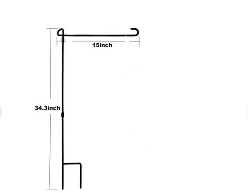 May include: Black metal garden flag stand. The stand is 34.3 inches tall and 15 inches wide. The stand has a hook at the top for hanging a flag and a step-in base for easy placement in the ground.