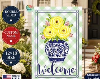 Personalized Blue & White Chinoiserie Garden Flag, Yellow Floral Welcome Flag, 12 x 18 Custom Name Outdoor Flag, Double Sided Porch Decor