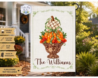 Personalized Fall Pumpkin Topiary Garden Flag, Hello Fall or Family Name, 12x18 Double Sided Autumn Porch Flag, Fall Welcome Flags