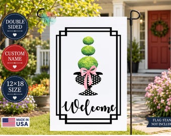 Personalized Topiary Garden Flag, Custom Name or Welcome Flag, Blue Bow Topiary, Elegant Front Porch Decor, 12x18 Double Sided Flag