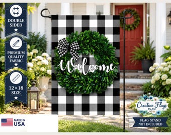 Welcome Garden Flag, Buffalo Plaid Wreath Flag, Black White Checkered Yard Flag, Farmhouse Porch Decor, 12x18 Double Sided Flag
