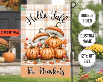 Personalized Fall Garden Flag, Pumpkin Mushroom Garden Flag, Custom Family Name Yard Flag, Autumn Pumpkin Decor, 12x18 Double Sided Flag