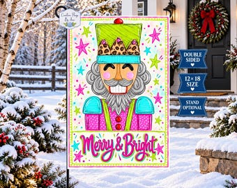 Whimsical Nutcracker Christmas Garden Flag, Personalized Holiday Yard Flag, Pink Leopard Print Christmas Decor, Double Sided 12x18