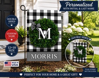 Personalized Monogram Garden Flag, Buffalo Plaid Wreath Flag, Custom Initial & Last Name, Black White Farmhouse Yard Flag
