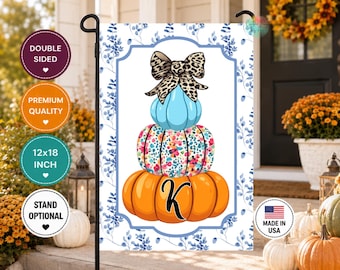 Custom Fall Pumpkin Garden Flag, Blue  Chinoiserie Pumpkin , Pumpkin Stack, Monogram Initial Flag, Leopard Bow Autumn Porch Decor, 12x18