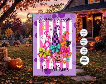 Personalized Halloween Garden Flag, Spooky Season Witch Hat Flag, Colorful Ghost Yard Decor, Custom Family Name Flag, Halloween Porch Deco