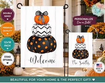 Personalized Stacked Pumpkin Garden Flag, Black & White Halloween Fall Flag, Custom Family Name or Welcome Porch Decor, Double Sided 12x18