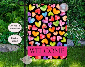 Valentine Welcome Flag,  Happy Valentines Day Flag, Hearts Flag, February Garden Flag, Pink Valentine Flag, Valentine Gift ,Colorful Hearts