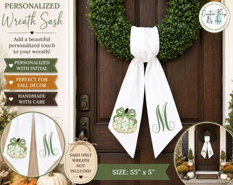 Personalized Fall Wreath Sash, Green Chinoiserie Pumpkin Monogram Wreath Bow, Green and Gold ,Autumn Front Door Decor, 56x5 Inch Sash