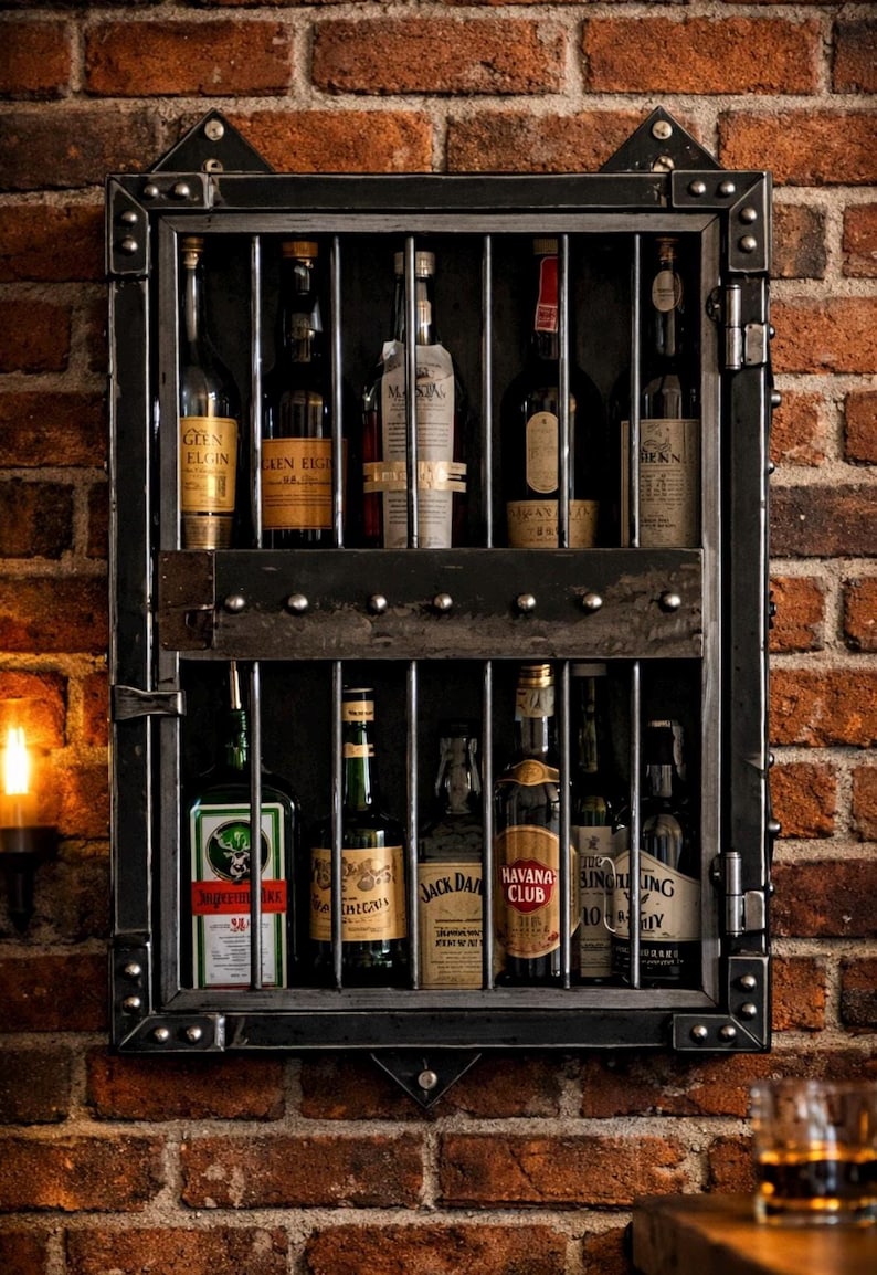 Industrial Whiskey Cabinet – Handmade Steel Bar Cabinet – Lockable Liquor Display – Made in Italy – Ready to Ship image 1